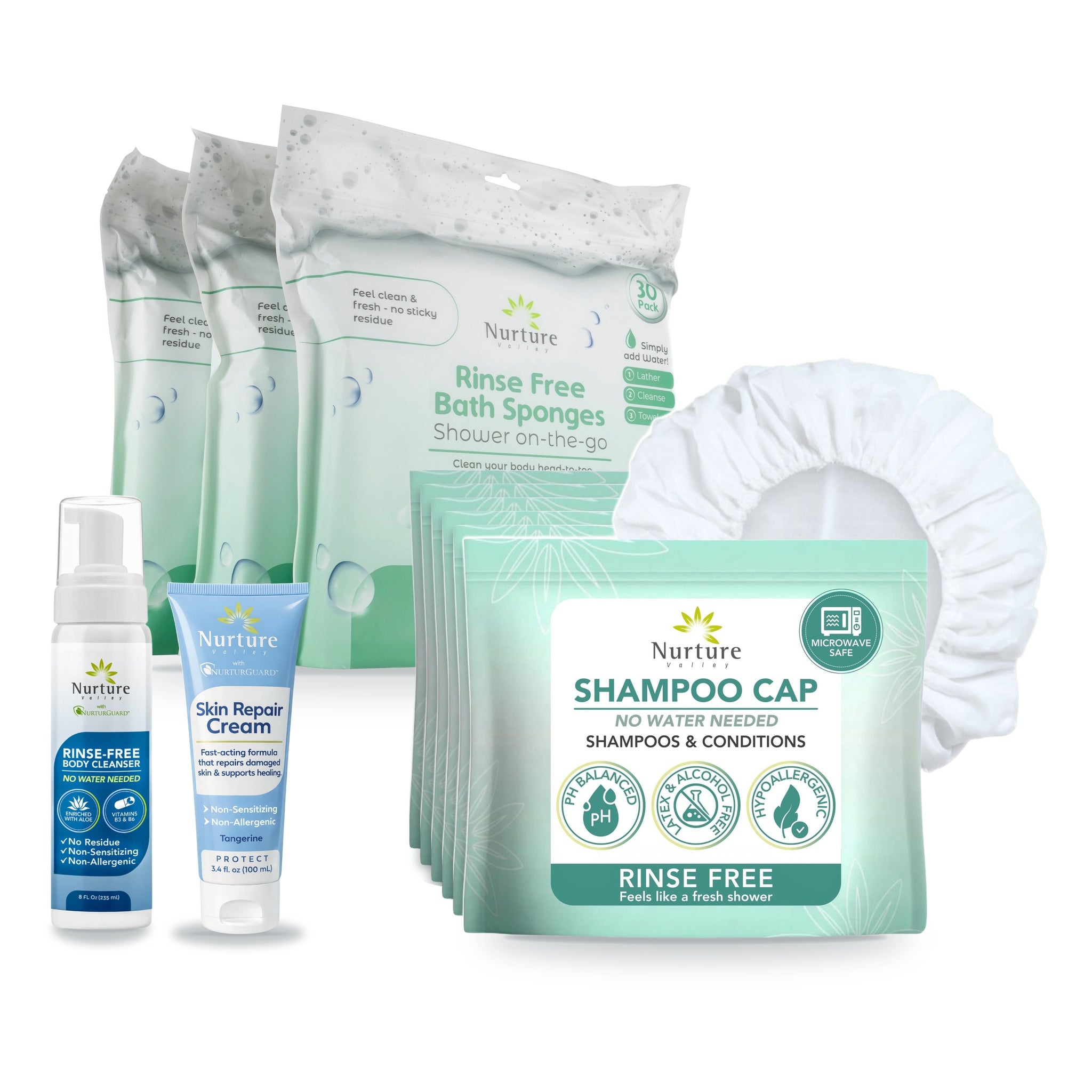 Rinse Free Shampoo Caps + Full Bath Kit